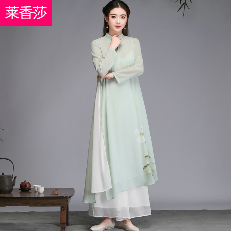 中国风禅意女装中式唐装禅修服居士服长袖茶服汉服连衣裙两件套装-图0