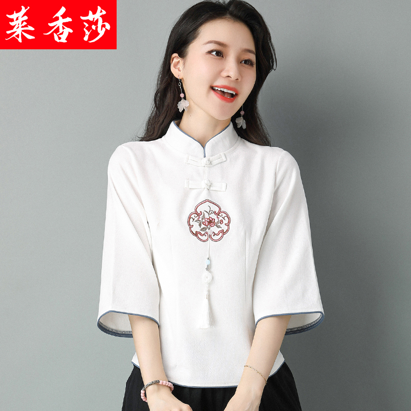 春夏季汉服女装中国风复古棉麻禅意茶服禅修服居士服中式唐装套装 - 图1