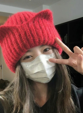 韩版红色猫耳加厚保暖针织帽子女
