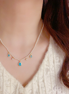 春季新款气质时尚小清新蓝色水滴吊坠玻璃珠项链个性温柔