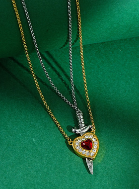 镶钻爱心宝剑可拆分双层锁骨项链