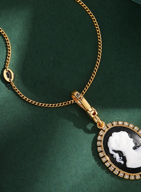 复古宫廷风镶钻浮雕女神人像黑色椭圆牌吊坠项链精美时尚挂饰包挂