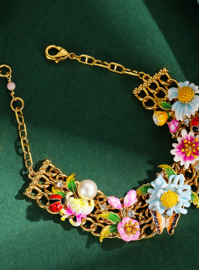 原创法式时尚高级感珐琅釉珍珠多色雏菊花朵瓢虫蝴蝶可调宽版手链