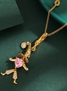 粉色爱心水晶锆石小丑吊坠项链潮