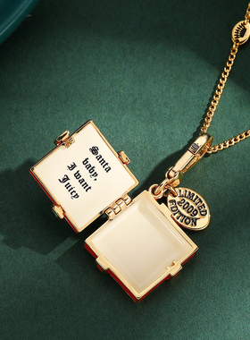 精致时尚珐琅彩釉可打开蝴蝶结方形红色礼物圣诞盒子吊坠项链送人