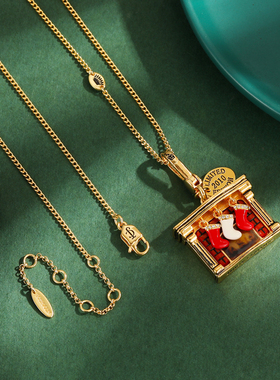 镶钻红色袜子壁炉吊坠项链