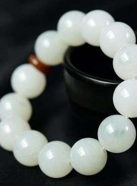 天然和田玉白带翠飘花16mm圆珠手链 清透水润 重83.84克 配证 cs0