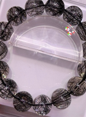 巴西天然黑发晶蕾丝手链手串晶体透14毫米晶体干净发丝浓密礼物贺