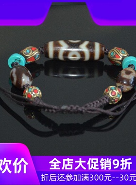 天珠天然西藏真品三眼手串风化老料高油菩提天珠绿松石手链jja