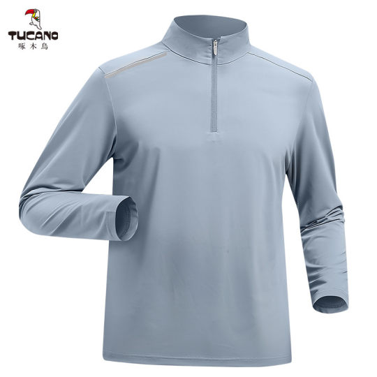 啄木鸟男士薄款速干弹力半拉链立领长袖户外防晒徒步登山透气上衣