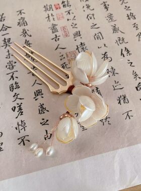 新中式白玉兰发梳古风发饰超仙荷花发簪钗子插梳古装汉服头饰发钗