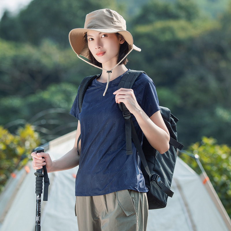 夏冰丝女豆绿圆领弹力短袖户外运动快干衣透气登山速干T恤1002187 - 图0