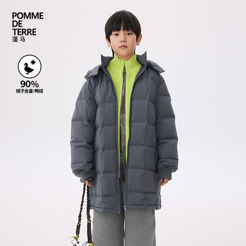 蓬马大童羽绒服中长款连帽立体方格秋冬装男女儿童pomme de terre - 图0