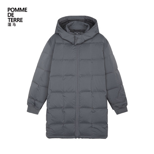 蓬马大童羽绒服中长款连帽立体方格秋冬装男女儿童pomme de terre - 图3