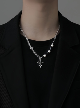 钛钢项链男十字架珍珠吊坠嘻哈高级设计感锁骨链女卫衣链2025配饰