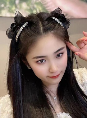 AB面网纱蝴蝶结发夹女夏季侧边刘海夹高马尾抓夹鲨鱼夹子头饰顶夹