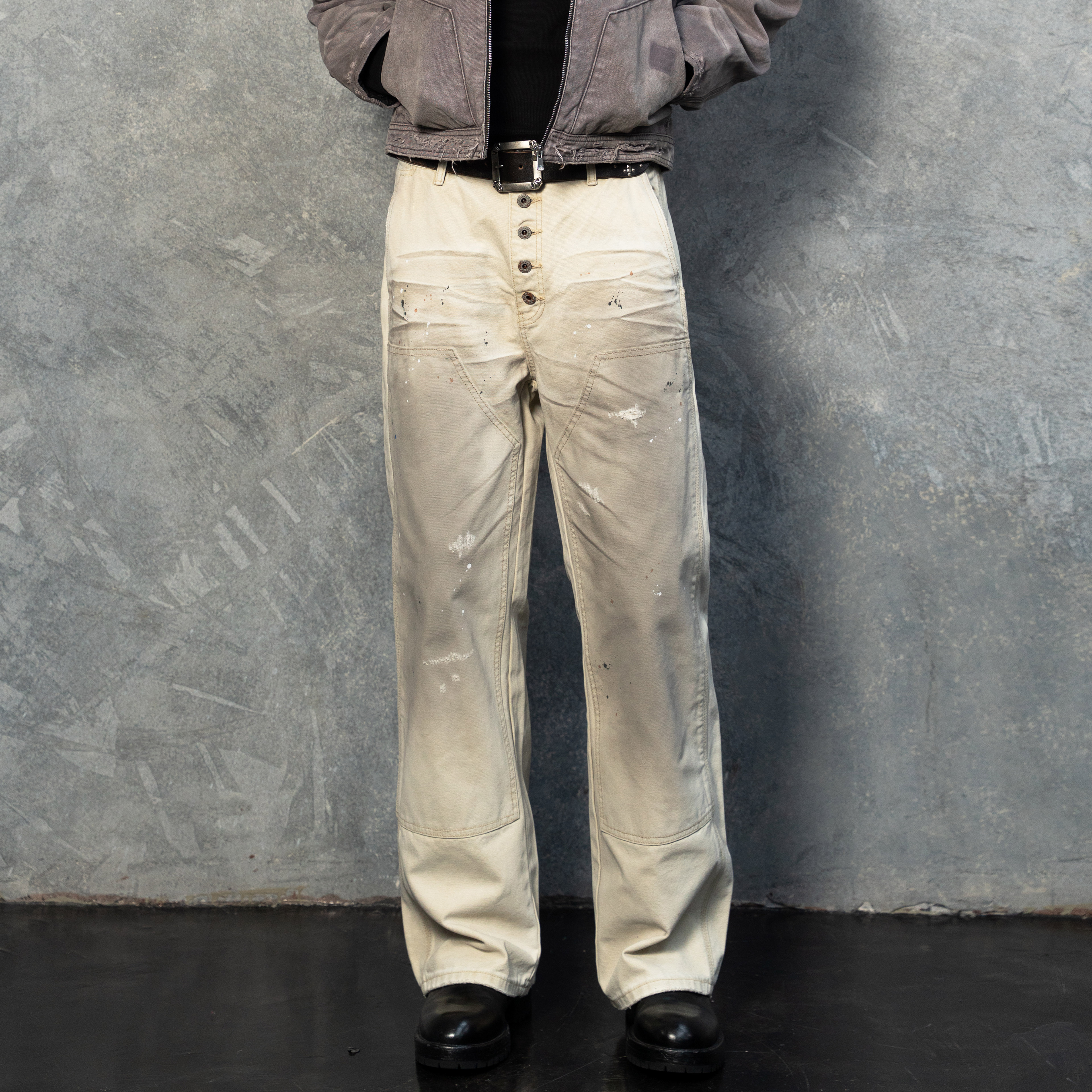 TBR 双膝5连扣奶油色水洗做旧泼墨伐木裤宽松直筒版型牛仔裤 - 图1