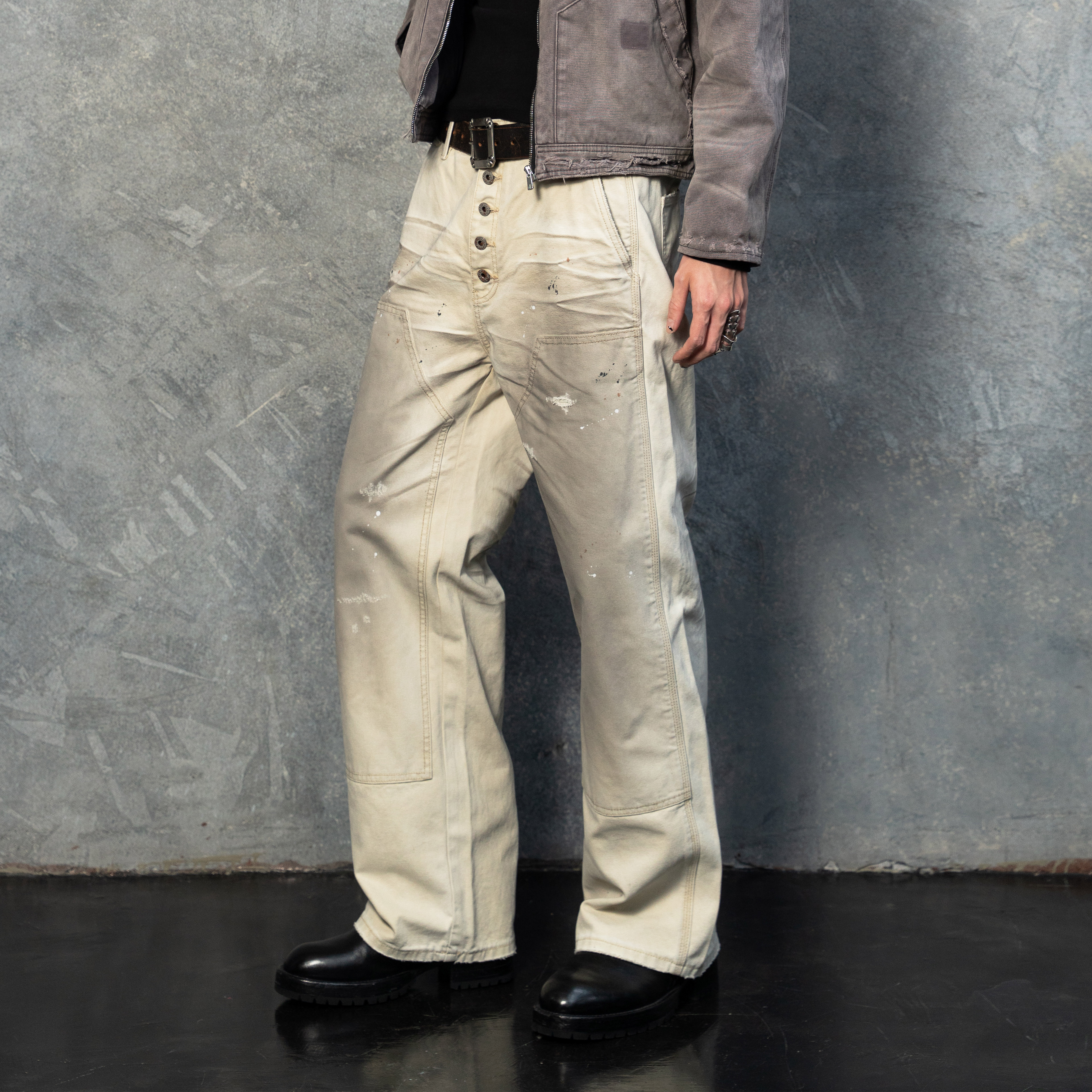 TBR 双膝5连扣奶油色水洗做旧泼墨伐木裤宽松直筒版型牛仔裤 - 图2