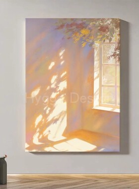 窗与影暖色调入户玄关装饰画法式复古沙发背景壁画中古风客厅挂画