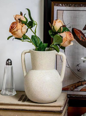 简约侘寂风双耳素烧陶瓷花瓶插花摆件感小众家居装饰轻奢花瓶