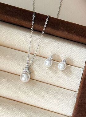 S925纯银戴妃珍珠项链女时尚简约轻奢小众圆形单颗锁骨链耳钉套装