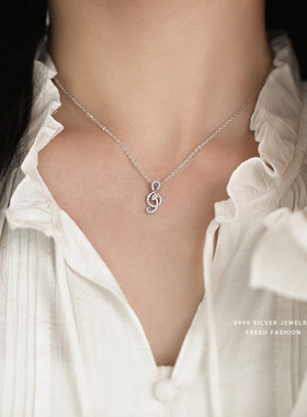 S999纯银音符项链女足银锁骨链