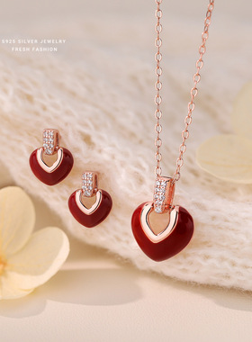 s925纯银爱心锁骨链女红色项链