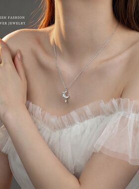 S925纯银月亮镶锆石项链女清新