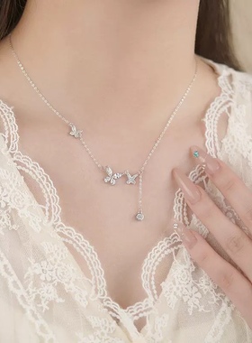 纯银蝴蝶项链女仙女闪钻流苏吊坠