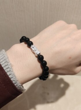 足银999黑曜石手串貔貅玛瑙男士手链好运水晶复古生日礼袋送礼品