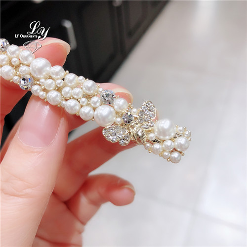 韩国ins高级感水钻珍珠发夹合金鸭嘴夹气质少女刘海边夹碎发卡子 - 图1