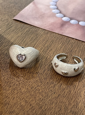 韩国博主同款滴釉戒指爱心黑色珠光白设计感可爱锆石镶嵌食指指戒