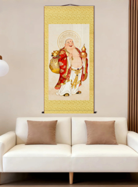 弥勒佛画像卷轴挂画笑口常开大肚弥勒财神布袋和尚客厅丝绸装饰画