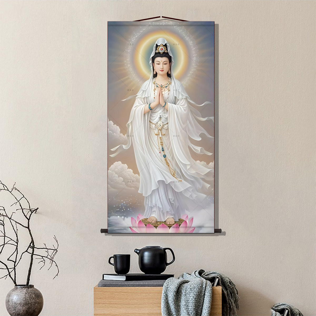观音菩萨画像书房玄关画客厅装饰字画走廊沙发背景墙丝绸卷轴挂画,淘宝优惠券,粉丝福利购,淘宝优惠卷