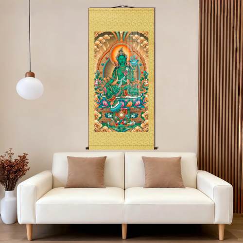 绿度母唐卡画像藏传丝绸卷轴挂画家用供奉佛堂客厅玄关墙面装饰画 - 图0