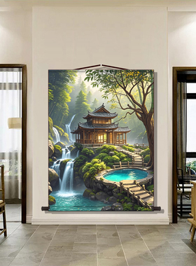 竹舍茅庐现代中式装饰画竹子卷帘卷轴挂画走廊客厅画茶室玄关挂画