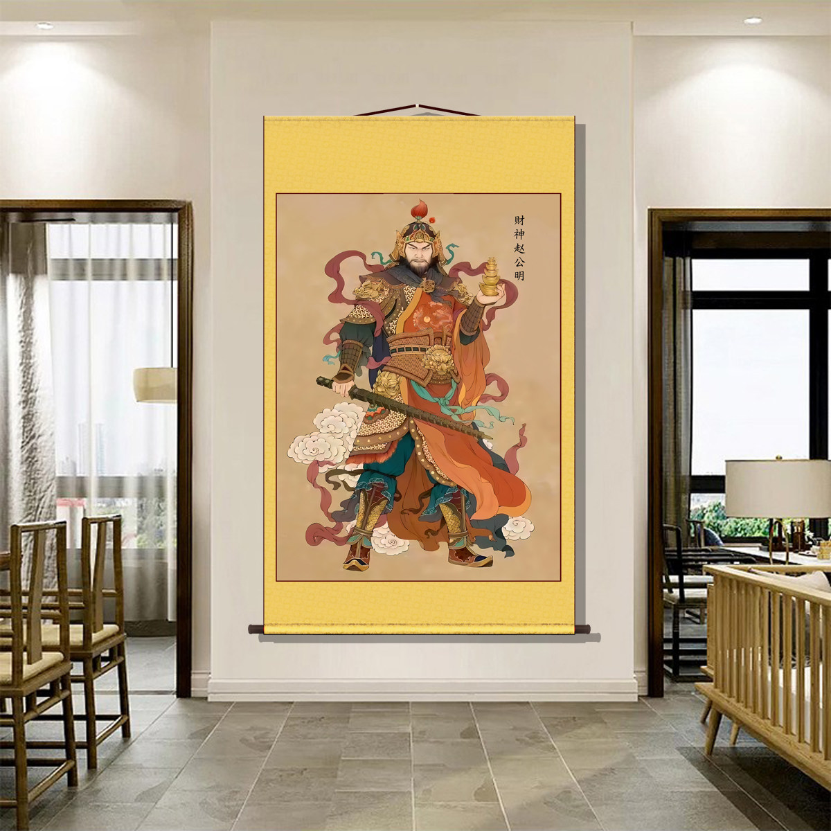 道家赵公明画像玄关挂画客厅装饰字画书房走廊沙发背景墙丝绸挂画,淘宝优惠券,粉丝福利购,淘宝优惠卷