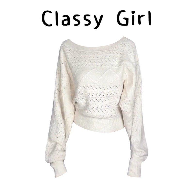 韩系温柔风提花蝙蝠袖长袖毛衣女秋季独特慵懒宽松短款露肩针织衫,淘宝优惠券,粉丝福利购,淘宝优惠卷