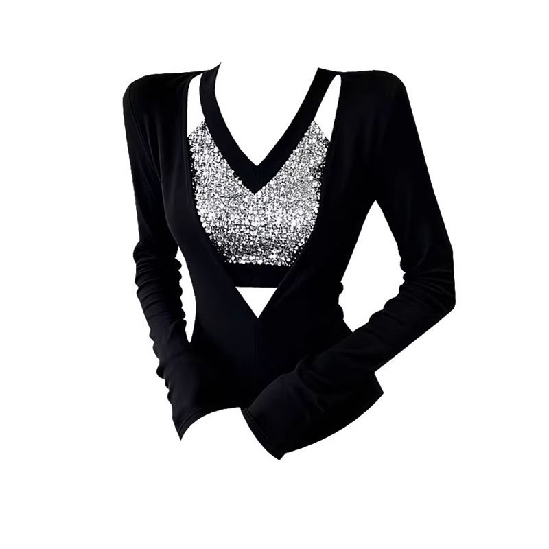 秋冬甜辣妹镂空正肩亮片v领磨毛加绒打底衫女内搭显瘦长袖t恤上衣,淘宝优惠券,粉丝福利购,淘宝优惠卷