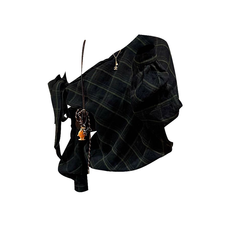 韩系漂亮小上衣早秋穿搭女美式复古格纹斜肩长袖衬衫露肩 - 图3