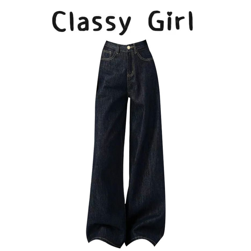 丹宁蓝阔腿原色牛仔裤女秋季新款美式复古直筒宽松拖地休闲长裤
