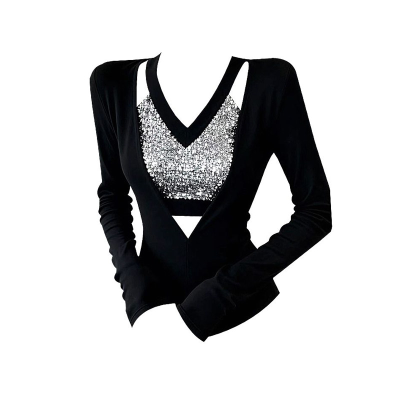 秋冬甜辣妹镂空正肩亮片v领打底衫女内搭修身显瘦长袖t恤绝美上衣,淘宝优惠券,粉丝福利购,淘宝优惠卷