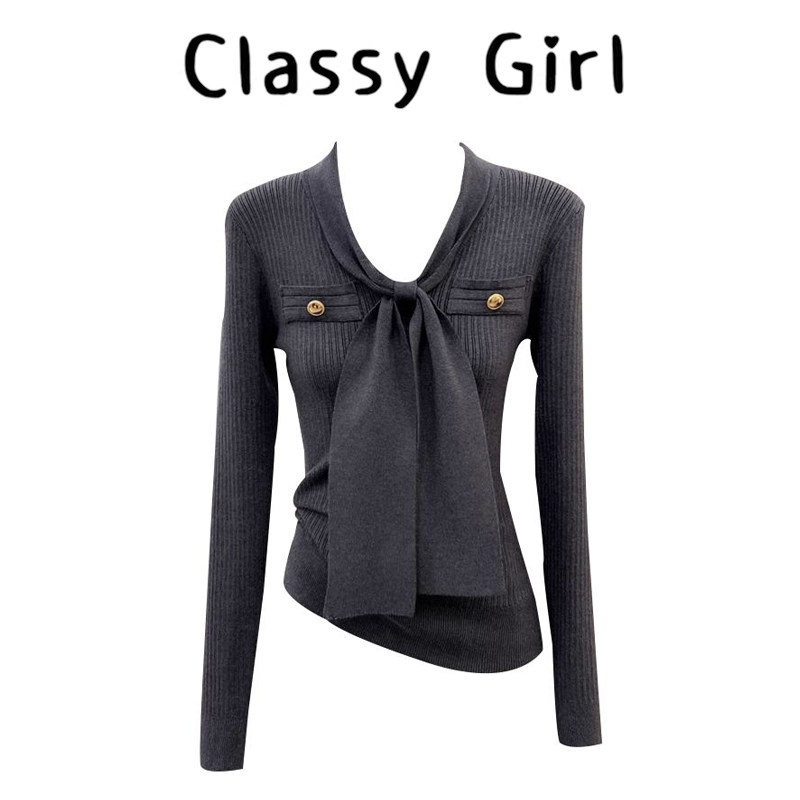 设计感v领长袖针织衫女2026早春新款收腰内搭打底衫灰色上衣毛衣,淘宝优惠券,粉丝福利购,淘宝优惠卷