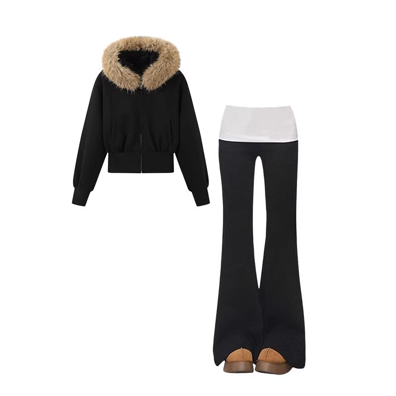 超好看的法式极简风休闲大毛领拉链外套宽松拖地裤时尚风两件套女,淘宝优惠券,粉丝福利购,淘宝优惠卷