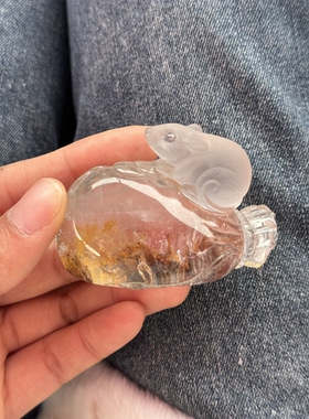 天然白水晶带幽灵鼠来宝钱袋子摆件我自己纯手工雕刻的