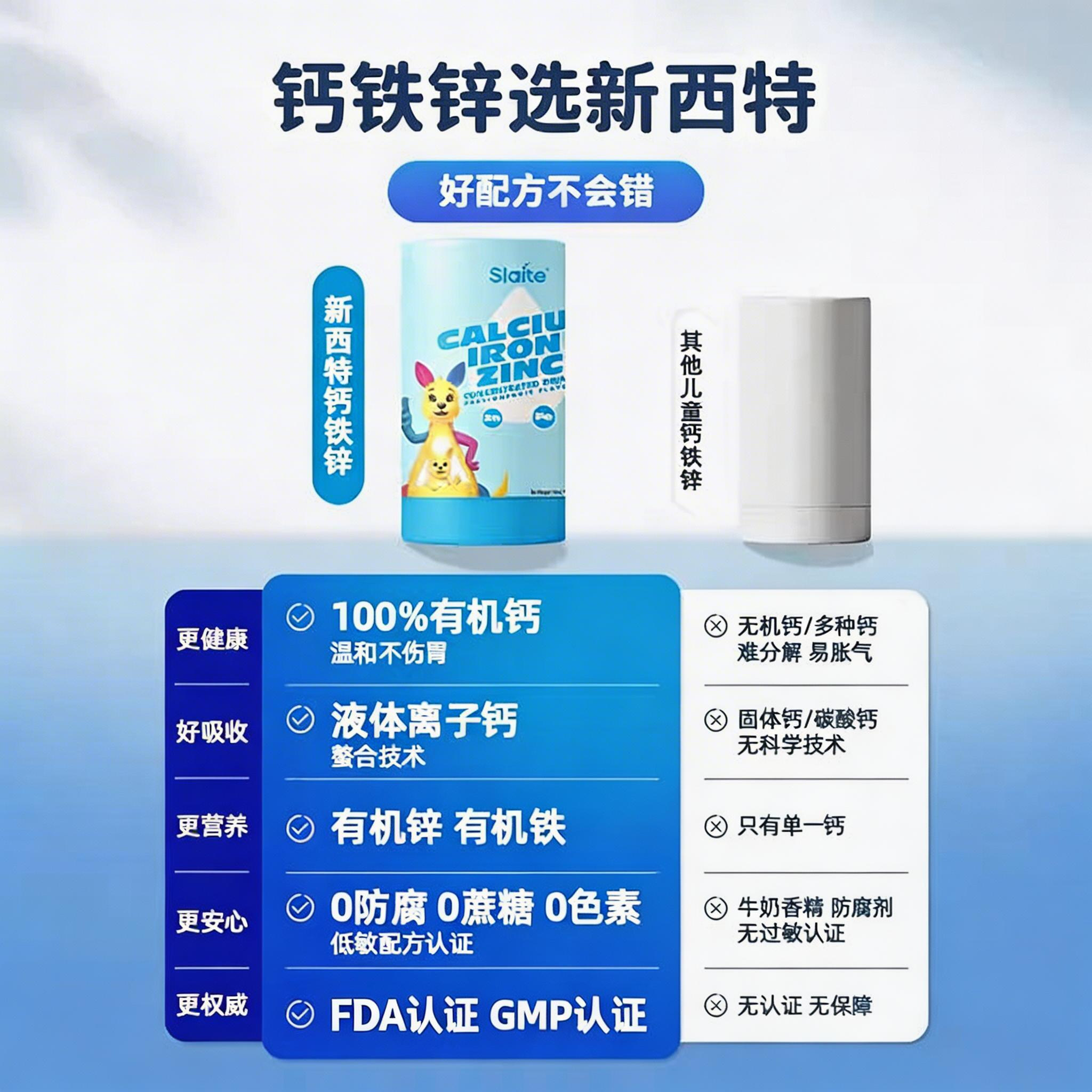 slaite新西特美国进口钙铁锌液体锌宝宝液体钙锌儿童钙营养包30袋