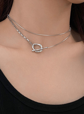 银色拼接ot扣项链女新款嘻哈辣妹毛衣链气质感长款卫衣链批发