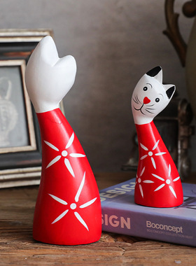 北欧木质红色对猫摆件动物家居客厅橱柜装饰品创意儿童房摆设礼品