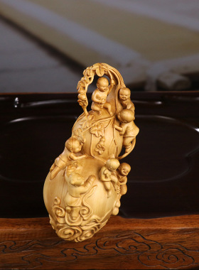 黄杨木雕刻工艺品中式家居装饰木质摆件多子多福葫芦娃收藏品送礼