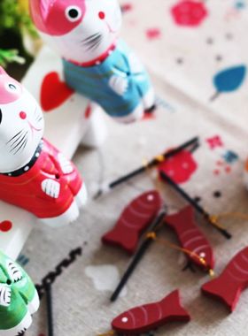 zakka杂货 北欧原木 钓鱼猫动物摆件 木制摆件 创意礼品